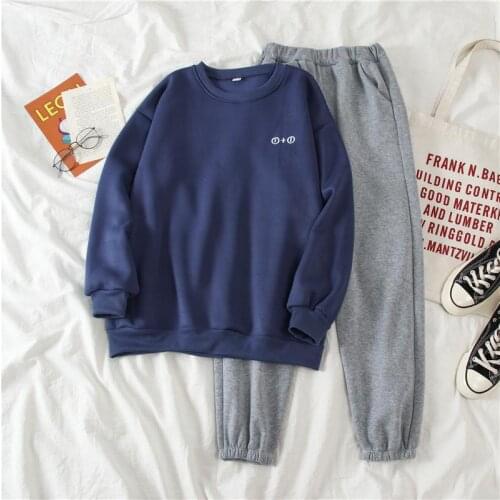 Autumn and winter new Korean style plus cashmere casual sports suit womens sweater wide leg pants two-piece suit lucky label