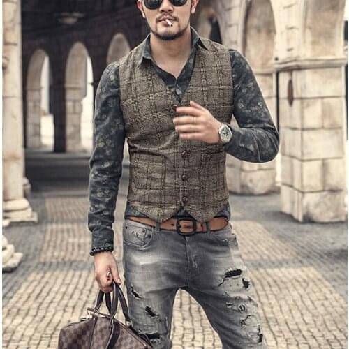Silver New Plaid Suit Vest For Men Wool Tweed Casual Waistcoat Formal Business Vest For Groomsmen ForWedding