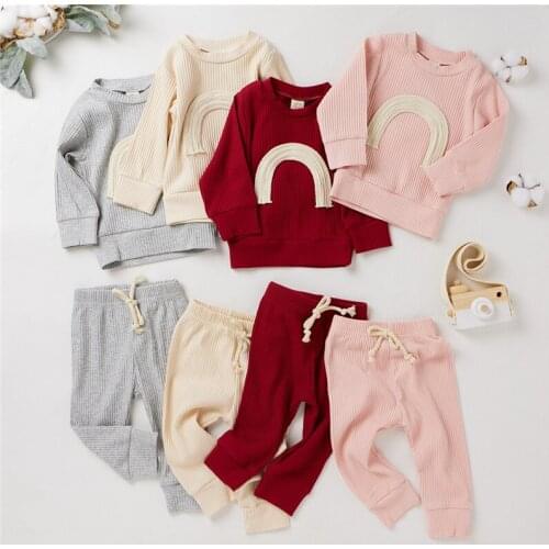 Infant Clothing Spring Autumn Newborn Infant Boys Girls Rainbow Print T-shirts+Pants Leggings Ribbed Knitted Tracksuits Outfits