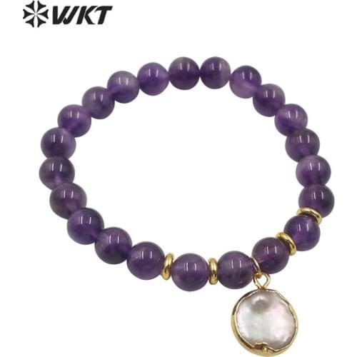 WT-B538 Wholesale round 8mm beads flexiale beads bracelet girl natural pink stone beads bracelet with hang charm
