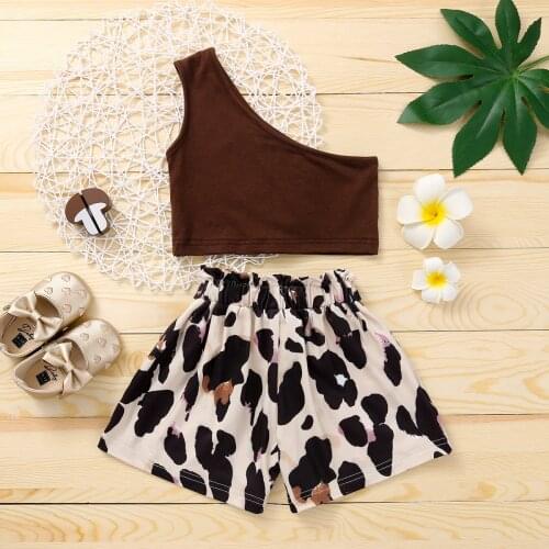 2-5 Years Kids Baby Girls Fashion 2-Piece Clothing Set One Shoulder Tops Leopard Shorts Set Children Girls Casual Clothes Set
