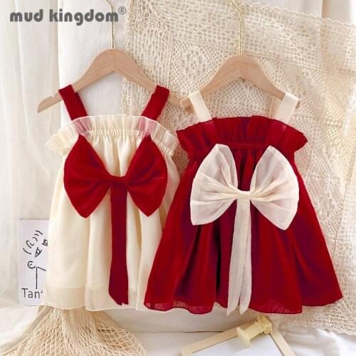 Mudkingdom Sling Princess Dress Girls Bow-knot Patchwork Solid Sleeveless Mesh Dresses for Kids Cute Summer Children Clothing