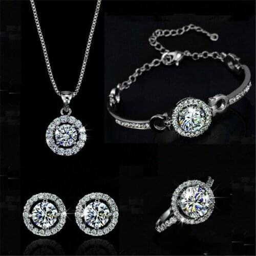 Simple Crystal Jewelry Set Charm Gold Silver Color Stud Earring For Women Cute Ring Bracelet Chain Necklace for Bride Jewelry