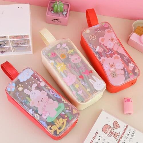 Kawaii INS Style Animals Large Capacity Transparent Pencil Bags Pouch Korean Stationery Strage Organizer School Supplies