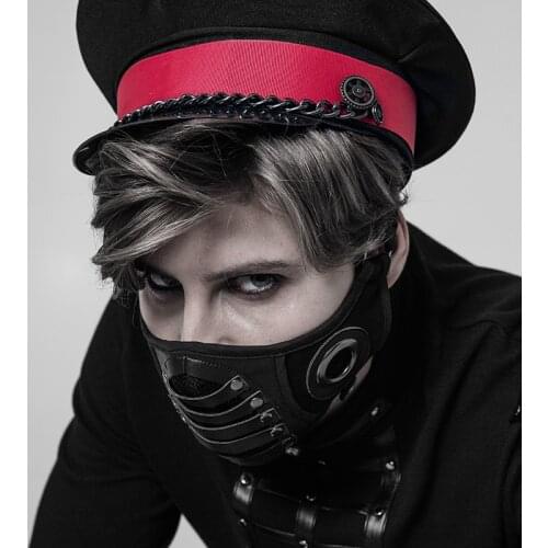 PUNKRAVE Mens Punk PU Leather Mask Imitation Suede Breathable Double Net Adjustable Rubber Tendon Party Halloween Mask