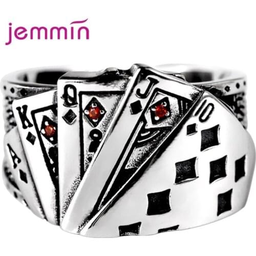 Vintage Women Men Rings Gothic Punk Skull Playing Card 925 Sterling Silver Adjustable Open Ring European Style Men Jewelry