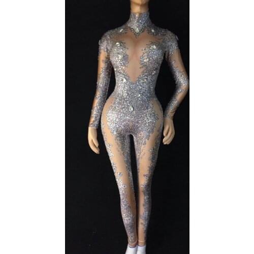 High Quality Silver Long Sleeve Beading High Elasticity Jumpsuit Nightclub DJ Party Jumpsuit
