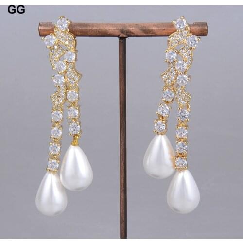 Teardrop White Sea Sell Pearl Cz pave Yellow Golden Plated Earrings