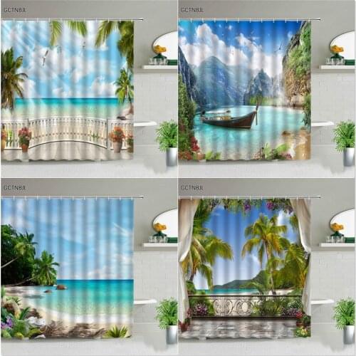 Sunny Ocean Scenery Shower Curtains Retro Style Flower Plant Beach Landscape Home Bathroom Decoration Bathtub Screen With Hooks