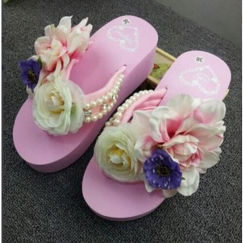Handmade Pearls Rhinestones 2019 Wedges High Heeled Platform Slippers Ladies Flip Flop Beach Shoes