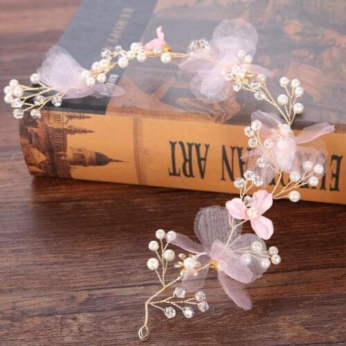 Pink Wreath Girl Head Flower Crown Golden Wire Bridal Hair Accessories Wedding Bridesmaid Women Pearl Hairband
