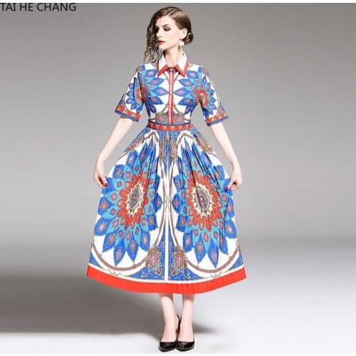 Women Dress Summer Spring Elegant Bodycon Vintage Party Runway Casual Print Short Sleeve Midi Pleated Shirt Office Work Dresses