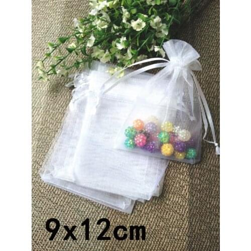 Free shipping 100pcs 9x12cm Drawable white color Organza Bags Wedding Christmas Gift Packaging Bags Pouches