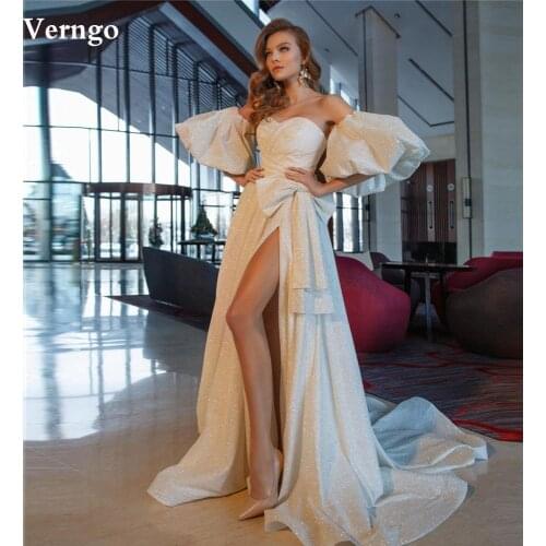 Verngo Glitter A Line Wedding Dress With Removable Puff Sleeves Sweetheart Bowknot Waist Side Slit Formal Party Dress Long Gown