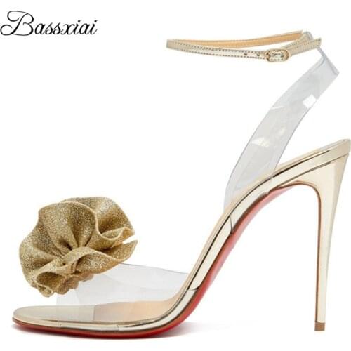 Bling Glitter Flower Decor Sandals For Girls Women Stiletto Heel PVC Transparent Ankle Strappy Summer Shoes Woman