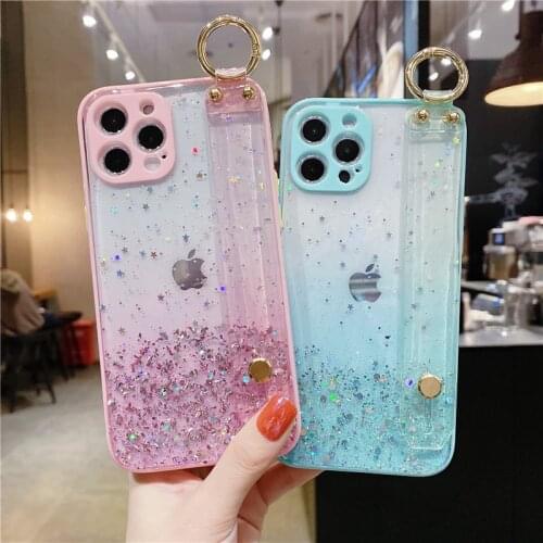 Glitter Sequins Wristband Case For iPhone 12 Pro Max 11 6 6s 7 8 Plus IP11 Pro max X XS Max XR Back Cover Stand Clear Cases