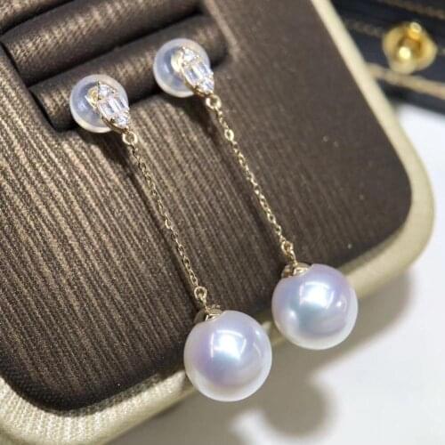 D512 Pearl Earrings Fine Jewelry Solid 18K Gold Round 9-9.5mm Nature Ocean Sea Water Japan Akoya Pearls Drop Dangle Earrings