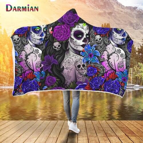 DARMIAN Skull Girls Day of the Dead Pattern Design Hooded Blanket Soft Warm Sofa Quilts with Hood Soft Coral Plush Throw Blanket