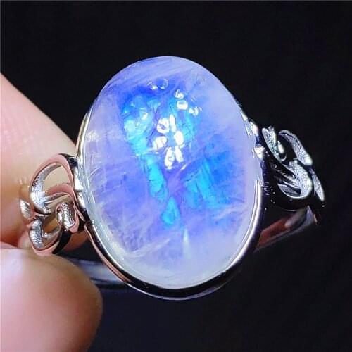 Genuine Natural Moonstone Blue Light Adjustable Ring Woman Crystal Oval 925 Sterling Silver Moonstone Round Stone AAAAA