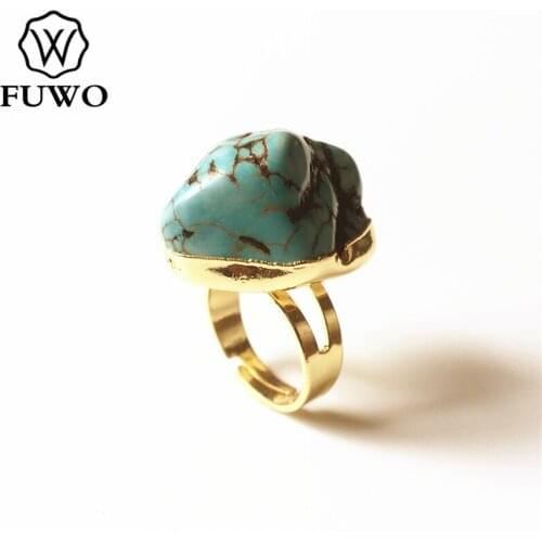 FUWO Fashion Turquoises Ring With Gold Trimmed Minimalist Design Green Howlite Ring Gift Adjustable Size RG251