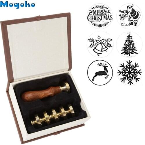 Mogoko 6pcs Wax Seal Stamps Copper Seals+1x Wooden Hilt Vintage Retro Classical Initial Sealing Wax Stamp Kit Merry Christmas