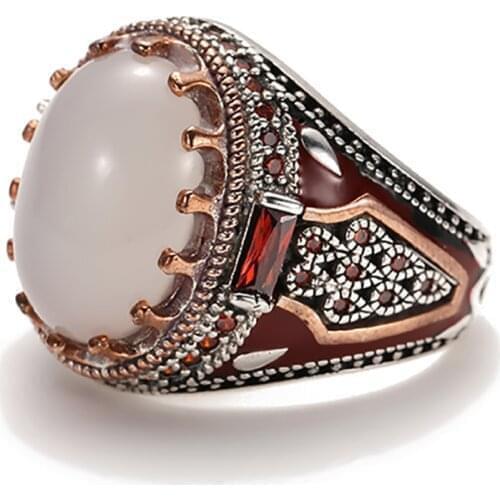 Vintage Red Enamel White Stone Ring for Men Silver Color Punk Ring Jewelry Gift