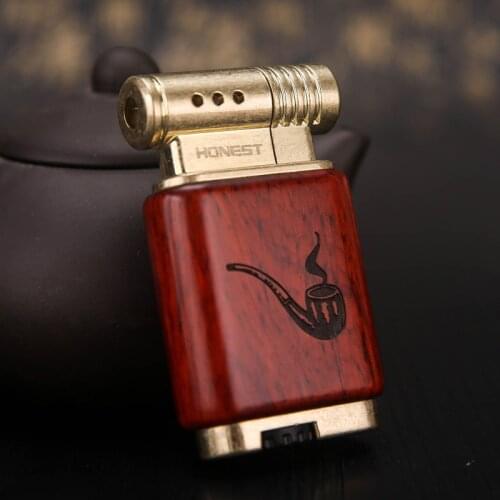 Honest 2021 New Rosewood Gas Lighter Creative Personality Retro Nostalgic Metal Pipe Oblique Fire Cigar Lighter Press Ignition