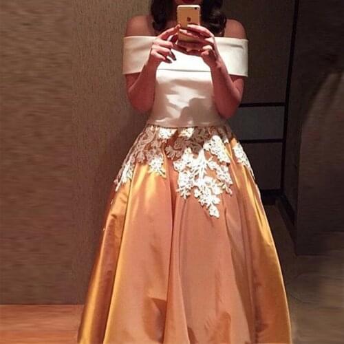 2020 Charming Satin Off-the-shoulder Two Piece A-line Saudi Arabia Style Prom Dresses Floor Length Applique Lace Evening Dress