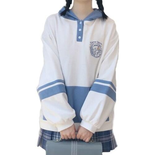 Autumn Preppy JK Style Hoodies Kawaii Women Cartoon Bear Embroidery Button Up Neck Hooded Sweatshirt Teenager Girls Pullover Top