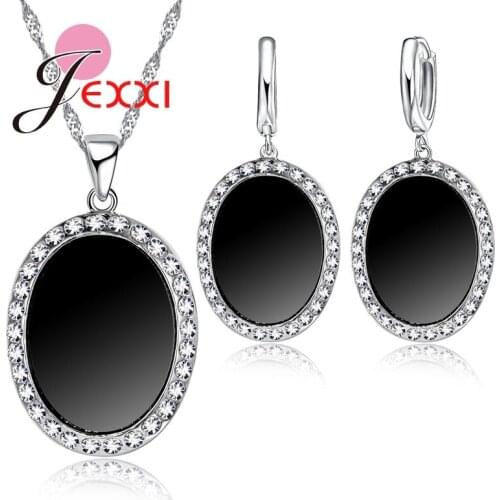 Oval Black Pendant Necklace Earrings 925 Sterling Silver Fashion Jewelry Set Wholesale Shiny Cubic Zirconia Crystal Accessories