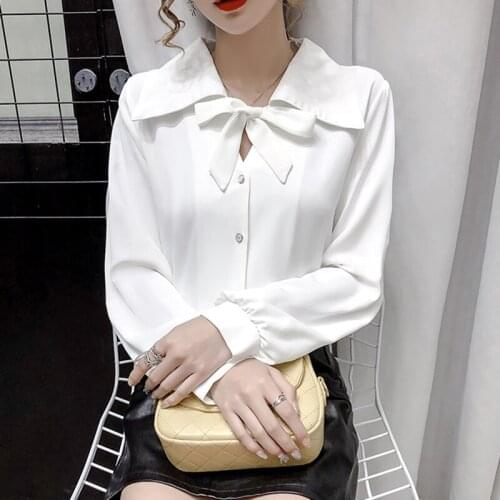 QOERLIN Elegant OL Tops Shirt Women Work Shirts Long Sleeve Bowtie Blouse Single Breasted Women Black Blusas Feminina Plus Size