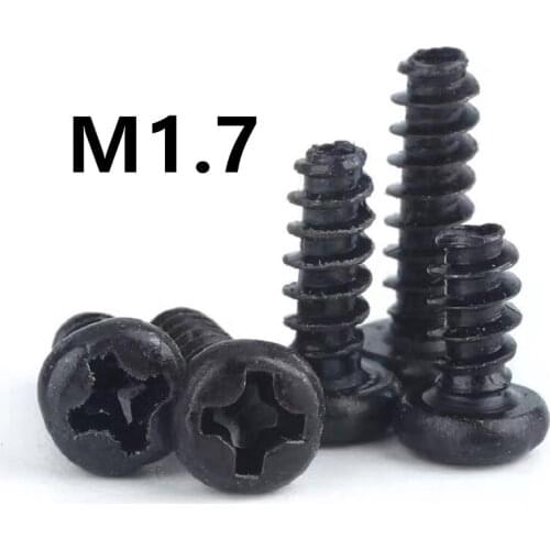 1000PCS M1.7x4/5/6/8/10mm PB Carbon Steel Black Round Head Cross Flat Tail Self-tapping Screw
