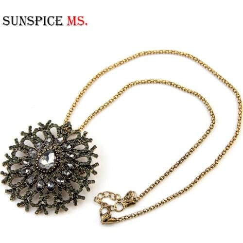 Sunspicems Unique Gray Crystal Pendant Necklace For Women Antique Gold Color Vintage Jewelry Party accessories Luxury Gifts