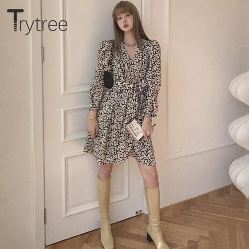 Trytree 2021 Spring Summer Womens Dress Casual V-neck Puff Sleeve Floral Belt Silky A-line Above Knee Office Lady Shirt Dress