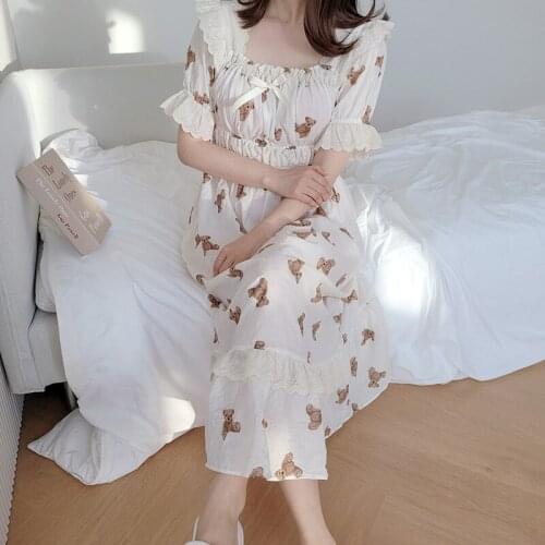 2021 Spring And Summer Fashion Home Pajamas Cartoon Bear Print Ruffles Lace Nightgown Comfortable Loose Lounge Dressing Gown