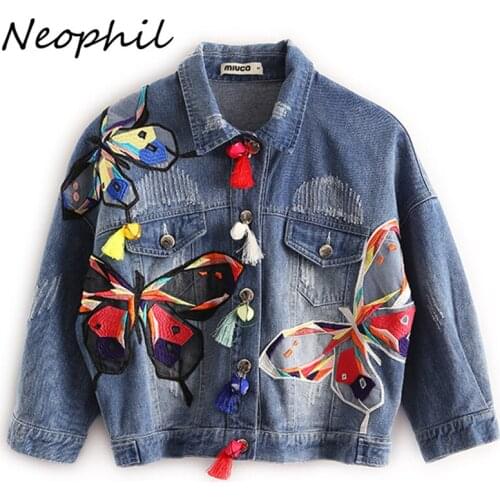 Neophil 2020 Fall Winter High Waist Women Ripped Short Denim Jackets Ladies Tassel Patches Butterfly Embroidery Jean Coat C08029