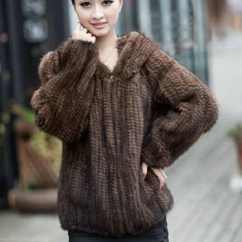 Free shipping Real Knitted Mink Fur Women Coats Fashion Long Sleeve Design Female Fur Winter Jacket With Hood Mink Coat