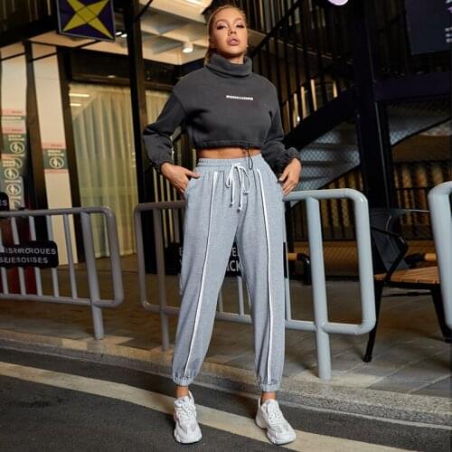 Women Grey Sport Pants Autumn Casual Loose Joggers High Waist Drawstring Trousers With Slant Pockets Female Sport Sweatpant