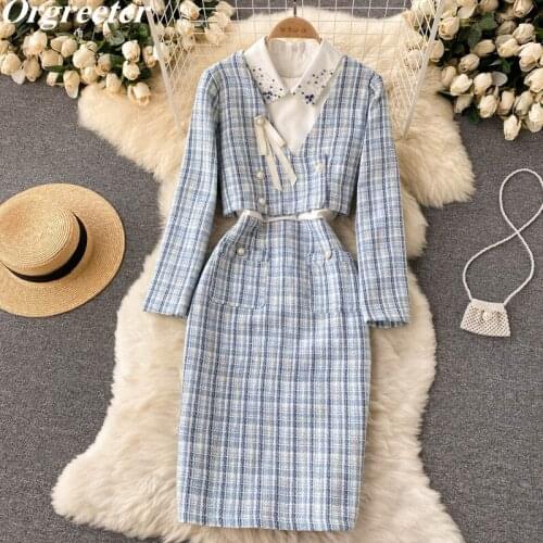 Elegant OL Blue Plaid Tweed Dress Two Piece Set Women Crop Top Short Jacket Coat + Patchwork Beading Knee-length Dress Suits