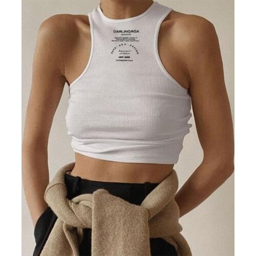 H9ED Women Sleeveless O-Neck Crop Tank Top Harajuku Letters Ribbed Racerback Vest