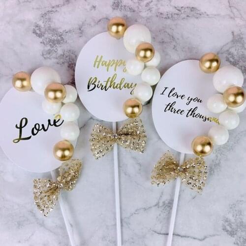 Gold Balloon Love Wedding Cake Topper Mesh Bow Happy Birthday Cupcake Topper For Anniversary Birthday Party Cake Decorations