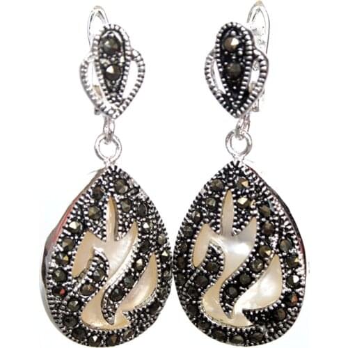 11/2" unique 925 Silver & Marcasite inlay white sea shell Waterdrop Earrings