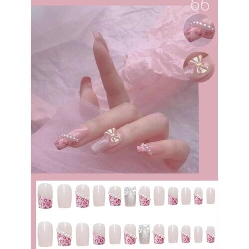 24pcs Pearl Inlaid Nail Patch Glue Type Removable Long Paragraph Fashion Manicure Save Time False Nail Patch EF