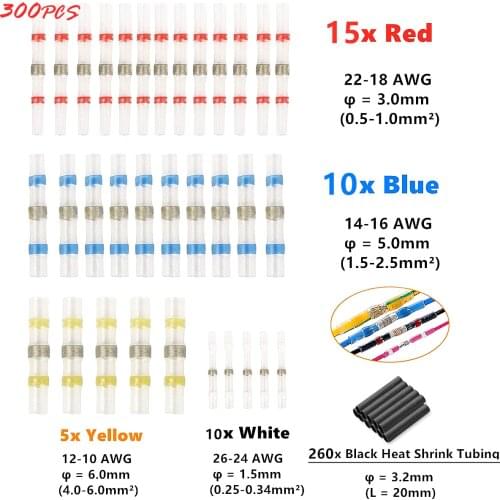 300PCS Waterproof Solder Seal Sleeve Splice Terminals Heat Shrink Electrical Wire Butt Connectors Tube Marine Car Accessories