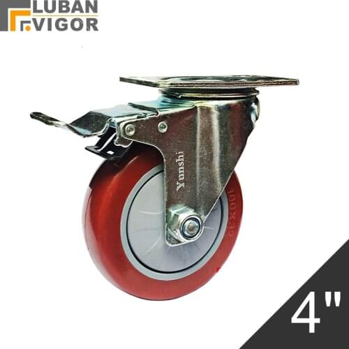 4 inch ,red PVC wheels/casters,Trolleys wheel with brake,fixed shaft,Wearable,mute,Bear 130kg,Industrial casters