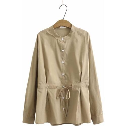 Plus size stand collar cotton solid navy khaki white Slim waist women shirts 2021 new spring autumn casual ladies blouse female