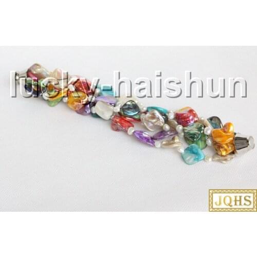 Natural 8" 5row Baroque white pearls Multicolor seashell Bracelet magnet clasp c42