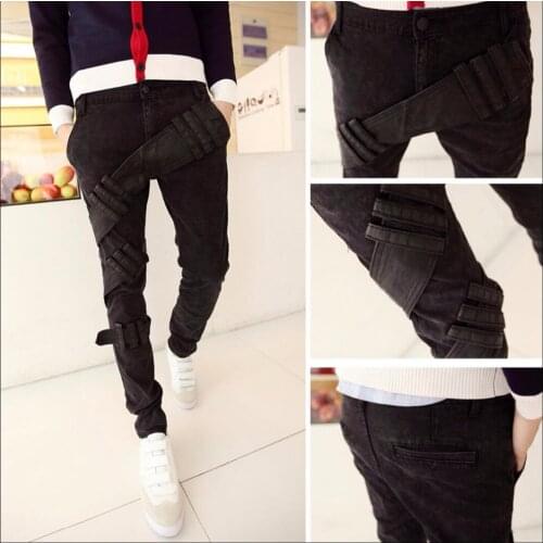 Korean New Fashion Mens Harem Pants Non-mainstream Personality Nightclub Tide Low Cross-pants Belt Jeans Singer Costumes