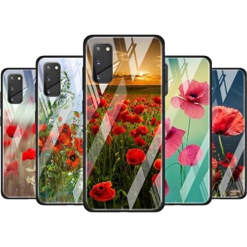 Red Poppies Flowers Painting Tempered Glass Cover For Samsung Galaxy S20 S10 S9 S8 S10E FE Ultra Plus Lite Phone Case