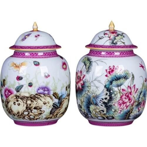 Jingdezhen Enamel Tea Jar Antique Flowers Lotus Pattern Delicate Ceramic Tea Pot Pink Storage Tank With Lid